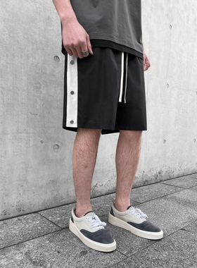 黑白拼接侧边条纹排扣开衩短裤夏季新款五分裤宽松直筒男女运动裤