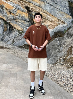 夏季美式米色休闲短裤男ins潮流纯色百搭运动卫裤宽松直筒五分裤