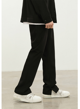 秋季内侧开衩松紧腰微喇叭垂感休闲直筒百搭西装裤纯色宽松西裤男