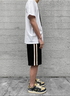 夏新款侧边织带拼接条纹中裤男松紧腰五分裤休闲宽松韩版运动短裤