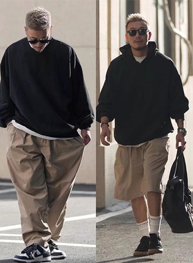 春秋日系纯色重磅长袖oversize宽松休闲加厚痞帅纯棉连帽卫衣男