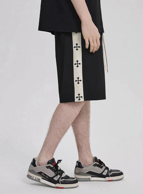 夏季新款十字架印花织带条纹重磅短裤美式高街复古潮流五分裤男女