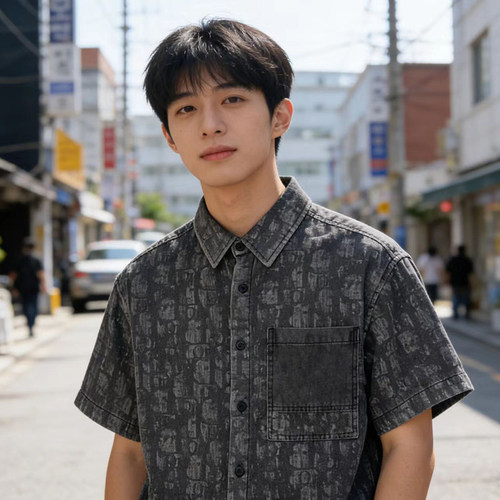 男士水洗牛仔外套短袖翻领衬衫