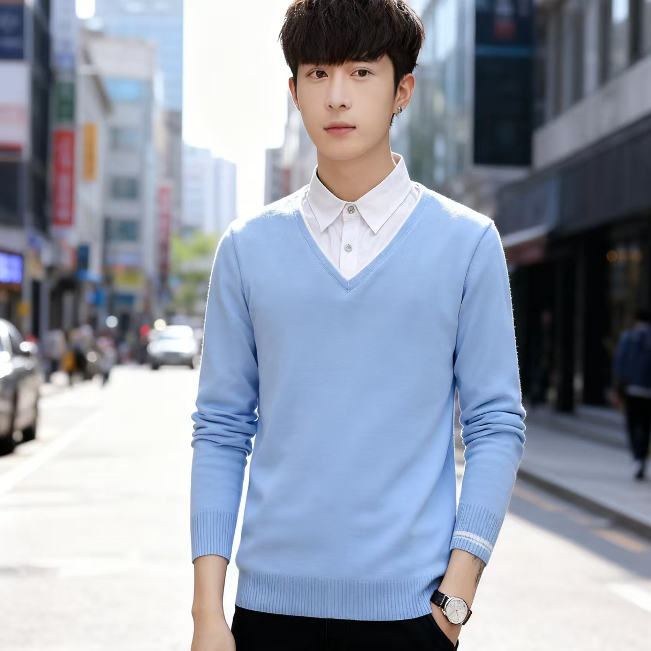 假两件长袖t恤男纯棉加绒衬衫领