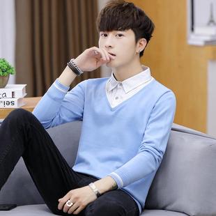 毛衣加绒加厚假两件套上衣秋冬季衬衣加厚打底针织衫长袖男装t恤