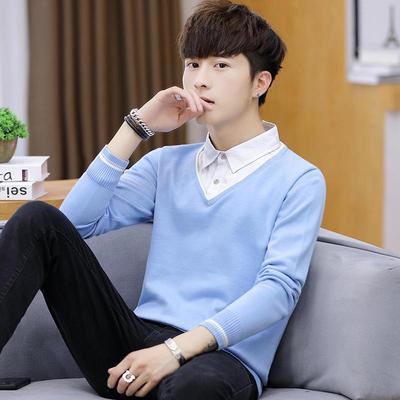 男士假两件套针织衫长袖t恤纯棉