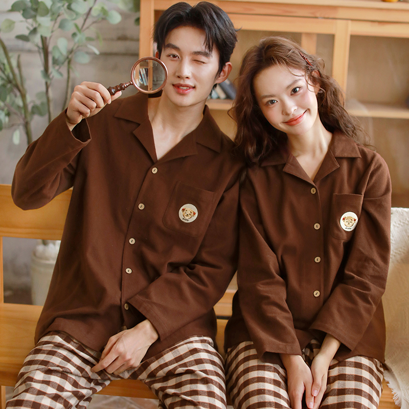 秋冬新款情侣卡通纯棉磨毛睡衣男款纯色格子全棉睡衣女长袖家居服