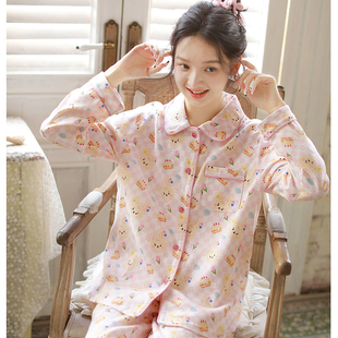 甜美翻领纯棉睡衣女春秋新款萌趣图案全棉磨毛家居服休闲可外穿