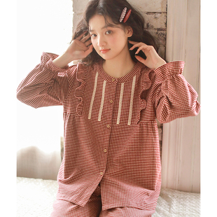 秋季 纯棉睡衣女士甜美花边布料100全棉长袖 家居服套装 可外穿 新款