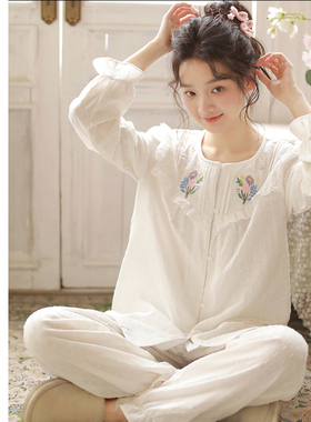 春季新款纯棉纱布睡衣女法式纯色白色长袖开衫家居服套装可外穿