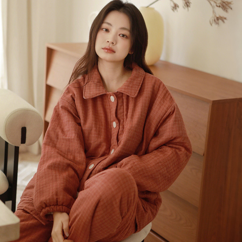 冬季加厚三层夹棉睡衣女士翻领格子棉袄宽松保暖家居服套装可外穿,女士内衣/男士内衣/家居服,睡衣/家居服套装,淘宝优惠券,粉丝福利购,淘宝优惠卷