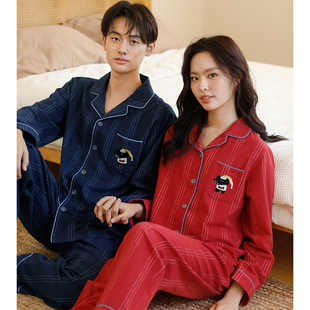 2025新款红色情侣全棉睡衣男款加厚纯棉磨毛睡衣女长袖家居服套装