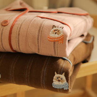 卡通猫咪情侣纯棉磨毛睡衣女秋冬加厚全棉男款长袖家居服套装外穿