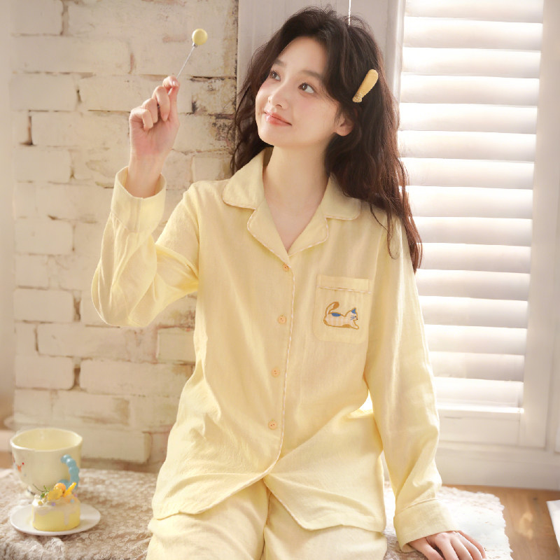 2026春季女士卡通衬衫领睡衣套装纯棉双层纱长袖薄款可外穿家居服