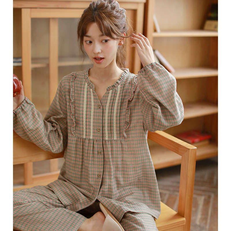 秋冬季三层纱棉睡衣女款甜美花边V领纯棉长袖可外穿家居服套装,女士内衣/男士内衣/家居服,睡衣/家居服套装,淘宝优惠券,粉丝福利购,淘宝优惠卷