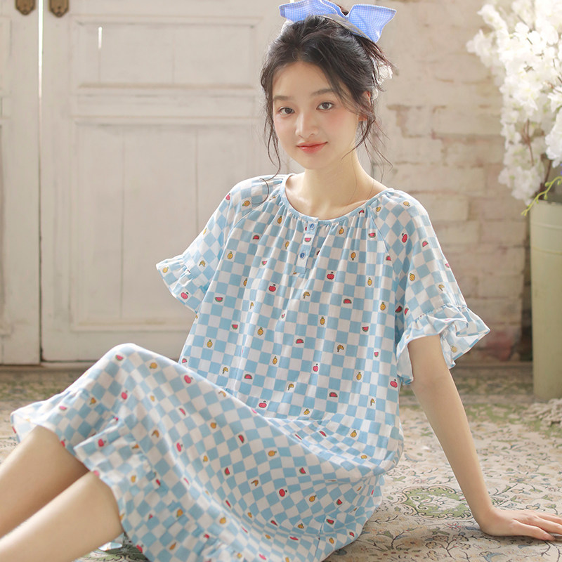 夏季宽松甜美纯棉纱短袖印花睡裙图片
