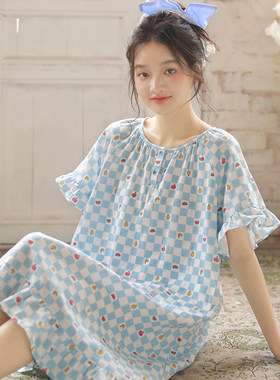 夏季宽松甜美纯棉纱短袖印花睡裙