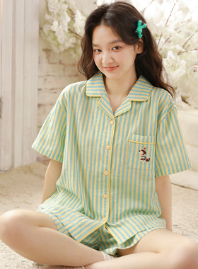 夏季纯棉双层纱卡通睡衣套装女