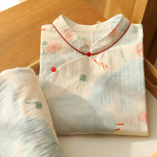 印花可外穿家居服套装 七分袖 国风睡衣女纯棉纱布薄款 蔓秋新中式