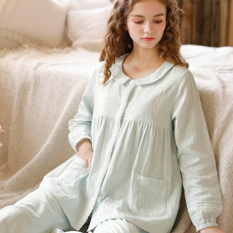 带胸垫女士纯棉纱布睡衣套装