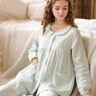 带胸垫纯棉纱布女士睡衣春秋季 日系刺绣圆领可外穿长袖 家居服套装