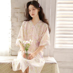 MEJU甜美短袖睡裙女夏季纯棉纱布斜襟浴袍和服睡衣中裙家居服晨袍