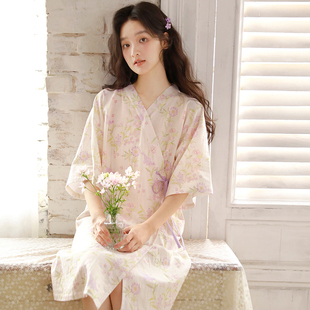MEJU甜美短袖睡裙女夏季纯棉纱布斜襟浴袍和服睡衣中裙家居服晨袍
