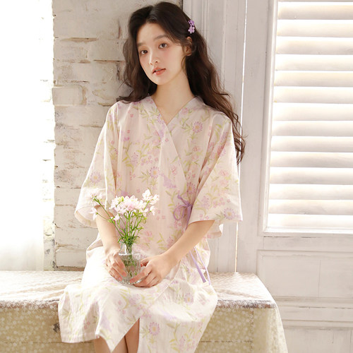 MEJU甜美短袖睡裙女夏季纯棉纱布斜襟浴袍和服睡衣中裙家居服晨袍