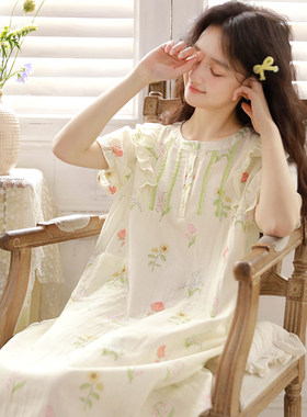 夏季甜美全棉纱布短袖印花睡裙