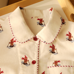 卡通可爱风长袖睡衣女青少年秋冬季纯棉质磨毛翻领纽扣家居服套装