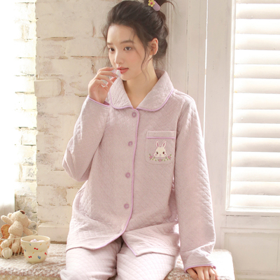 2025新款加厚空气棉睡衣女款秋冬甜美娃娃领三层夹棉长袖家居服