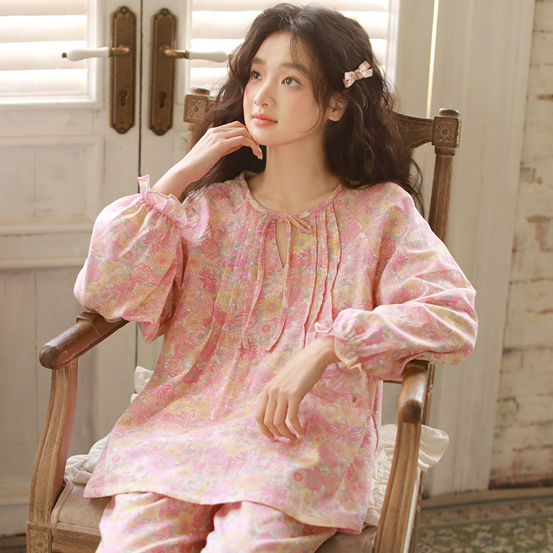 纯棉睡衣女款2025新款春夏季甜美花边长袖家居服套装可外穿宽松