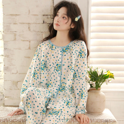 蔓秋甜美风全棉睡衣女春季圆领长袖宽松大码印花可外穿家居服套装