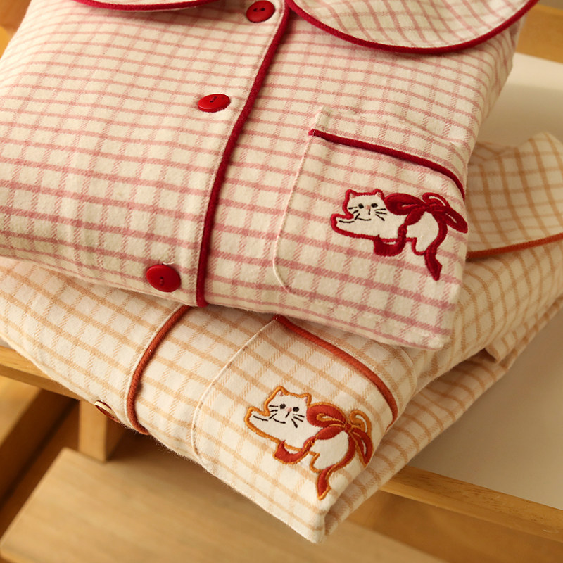 少女卡通猫咪刺绣睡衣女秋冬加厚纯棉长袖家居服套装甜美可外穿