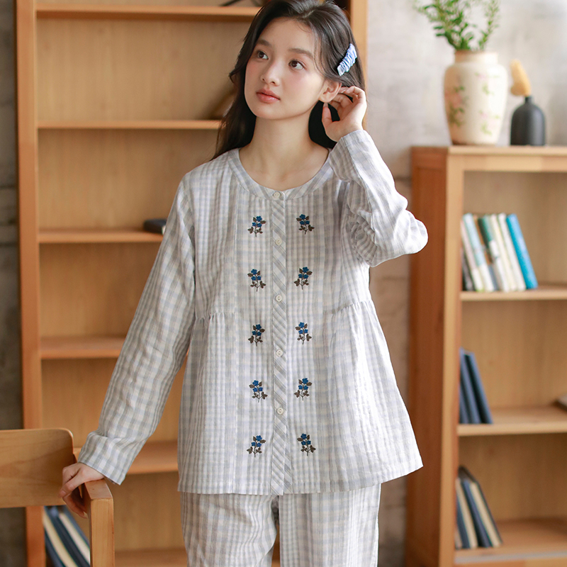 秋季新款纯棉睡衣女圆领长袖家居服套装双层纱棉刺绣日系可外穿