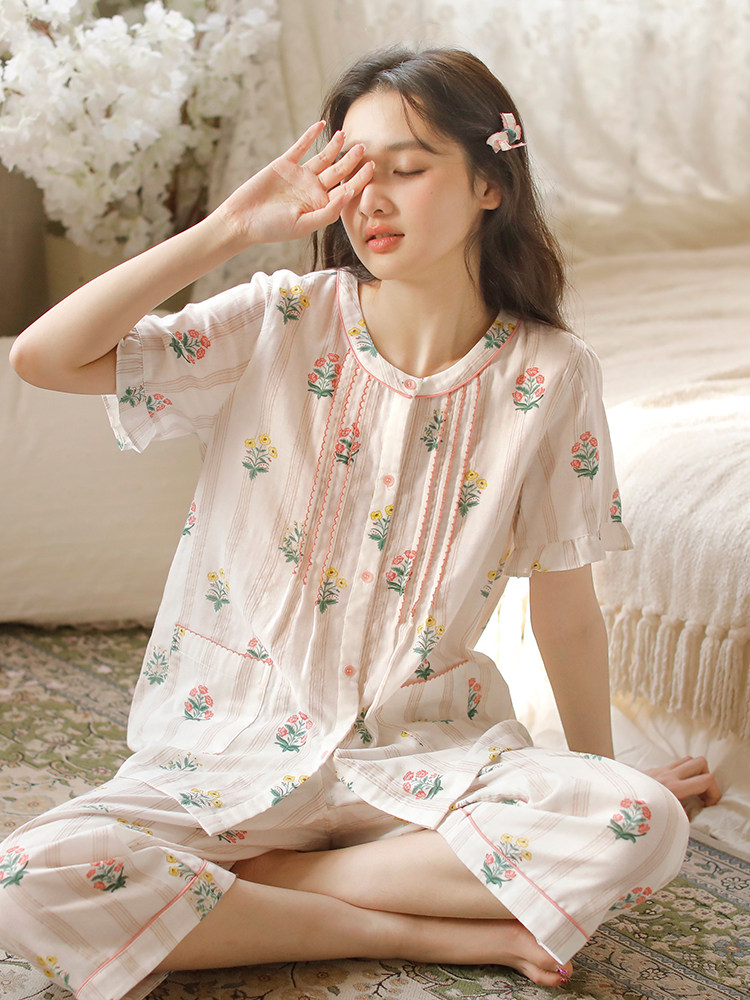 PAJAMAS SUMMER NEW WOMENS COTTON SHORT-SLEEVED CROPPED PANTS FRESH AND SWEET FLORAL LACE SUIT LOOSE LOUNGEWEAR