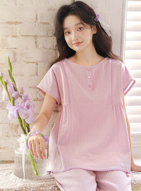 日系简约纯棉女夏家居服套装短袖