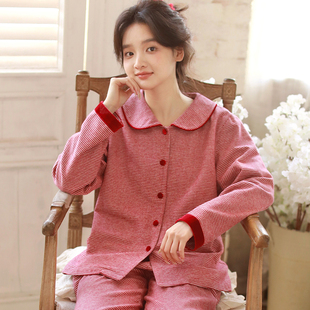 本命年红色甜美纯棉睡衣女秋冬娃娃领加厚磨毛长袖家居服可外穿