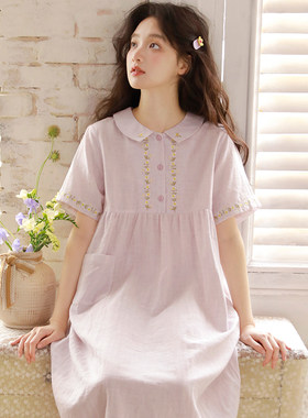 MEJU甜美小翻领短袖睡裙女夏季纯棉纱刺绣中长款薄款可外穿家居服