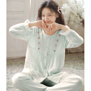套装 蔓秋防凸点长袖 刺绣圆领开衫 薄款 家居服 睡衣女纱布纯棉春季