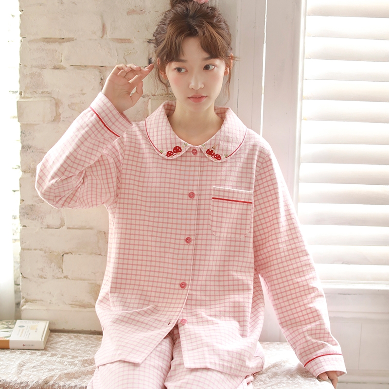 甜美绣花纯棉睡衣女款秋冬