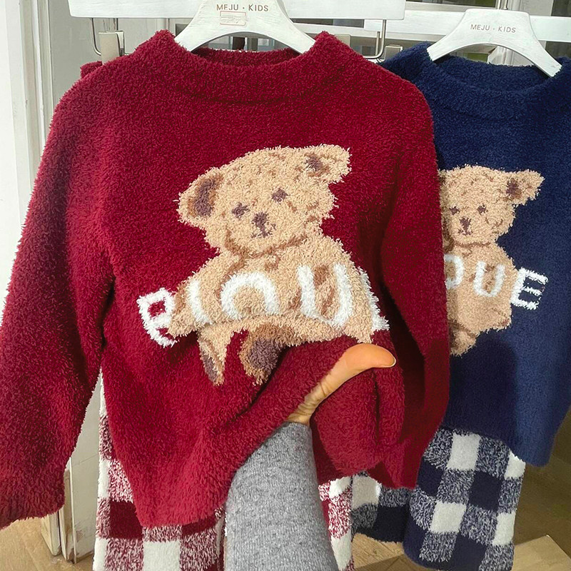 秋冬儿童软绵绵睡衣新款可爱卡通小熊加厚男童女童家居服睡衣套装