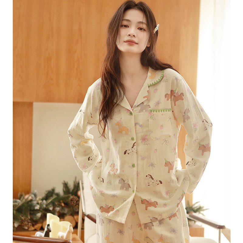 春秋新款纯棉纱布女士睡衣卡通小马印花长袖开衫可外穿家居服套装,女士内衣/男士内衣/家居服,睡衣/家居服套装,淘宝优惠券,粉丝福利购,淘宝优惠卷