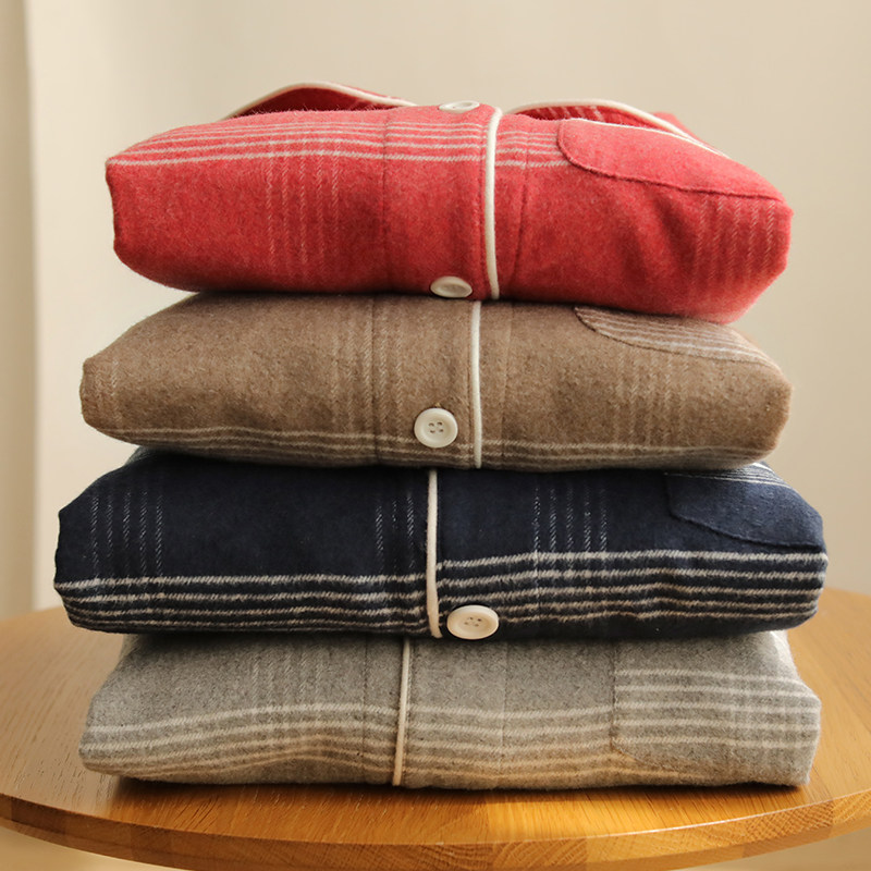 情侣纯棉开衫睡衣男款秋冬女款磨毛格子中老年家居服套装可外穿