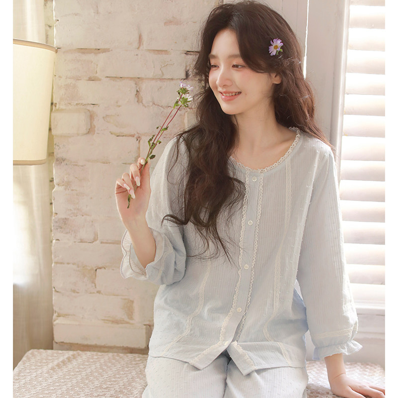 蔓秋甜美风纯棉睡衣女春夏薄款七分袖蕾丝花边高级感可外穿家居服