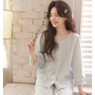 蔓秋甜美风纯棉睡衣女春夏薄款 蕾丝花边高级感可外穿家居服 七分袖