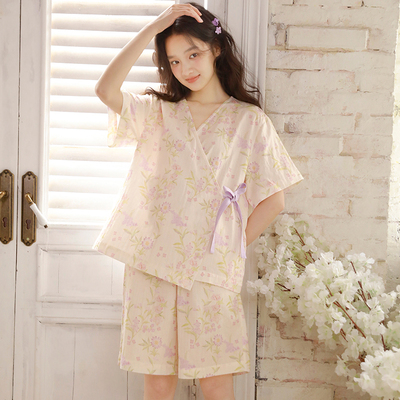 夏季纯棉薄款系带和服睡衣套装