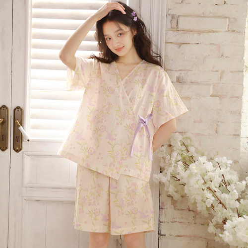 夏季纯棉薄款系带和服睡衣套装