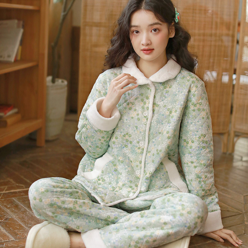 甜美冬季针织夹棉睡衣女纯棉三层夹棉袄长袖加厚保暖家居服套装