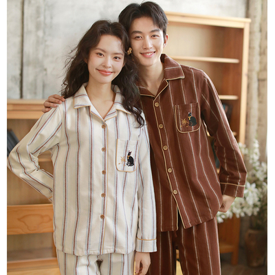 高级感条纹纯棉睡衣情侣装秋冬季男女款加厚长袖家居服套装可外穿
